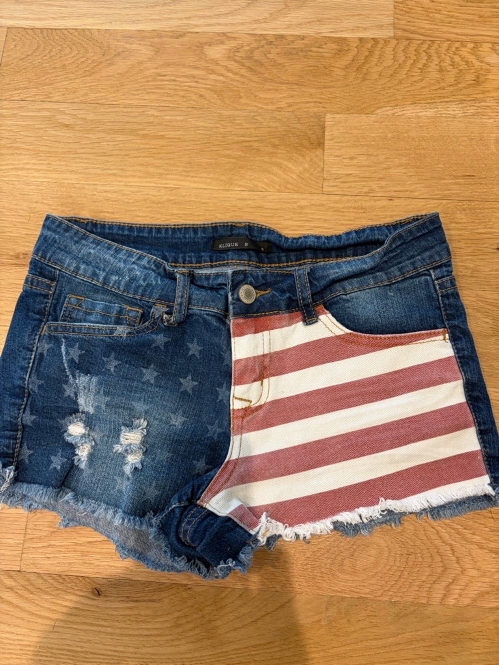 Klique B Women's Denim Shorts with Flag Patch - Blue and Red